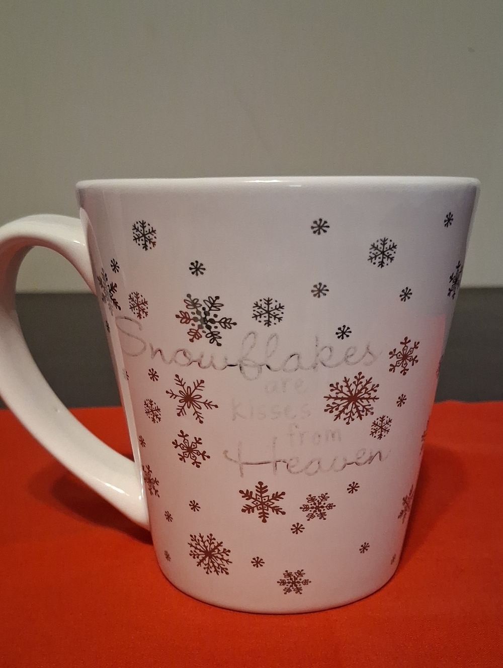 White Snowman Holiday Ceramic Mug — Snowflakes Are Kisses From Heaven Mug - Picture 9 of 13